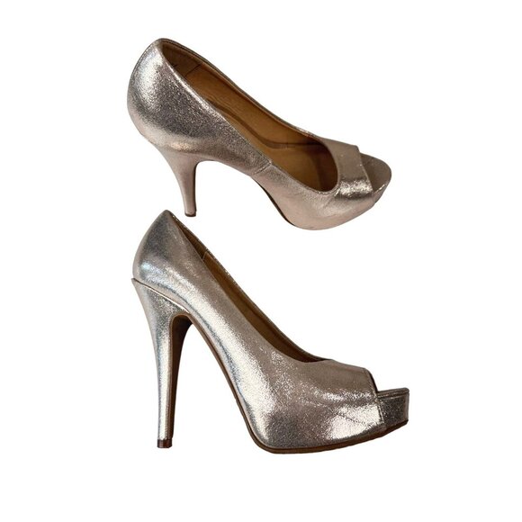 CL by LAUNDRY Women SZ 7/37.5 Gold Platform Pumps Heels-Open Toe -5” Stilleto - Picture 14 of 16